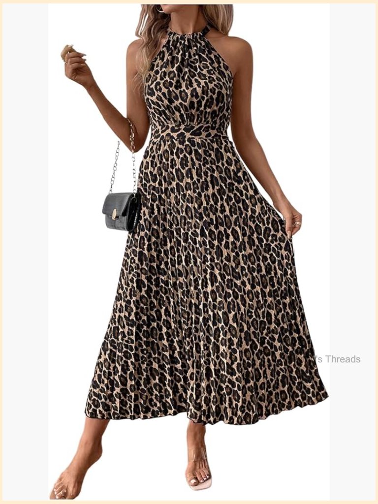 Cheetah Print Halter Dress Sleeveless Pleated A Line Maxi